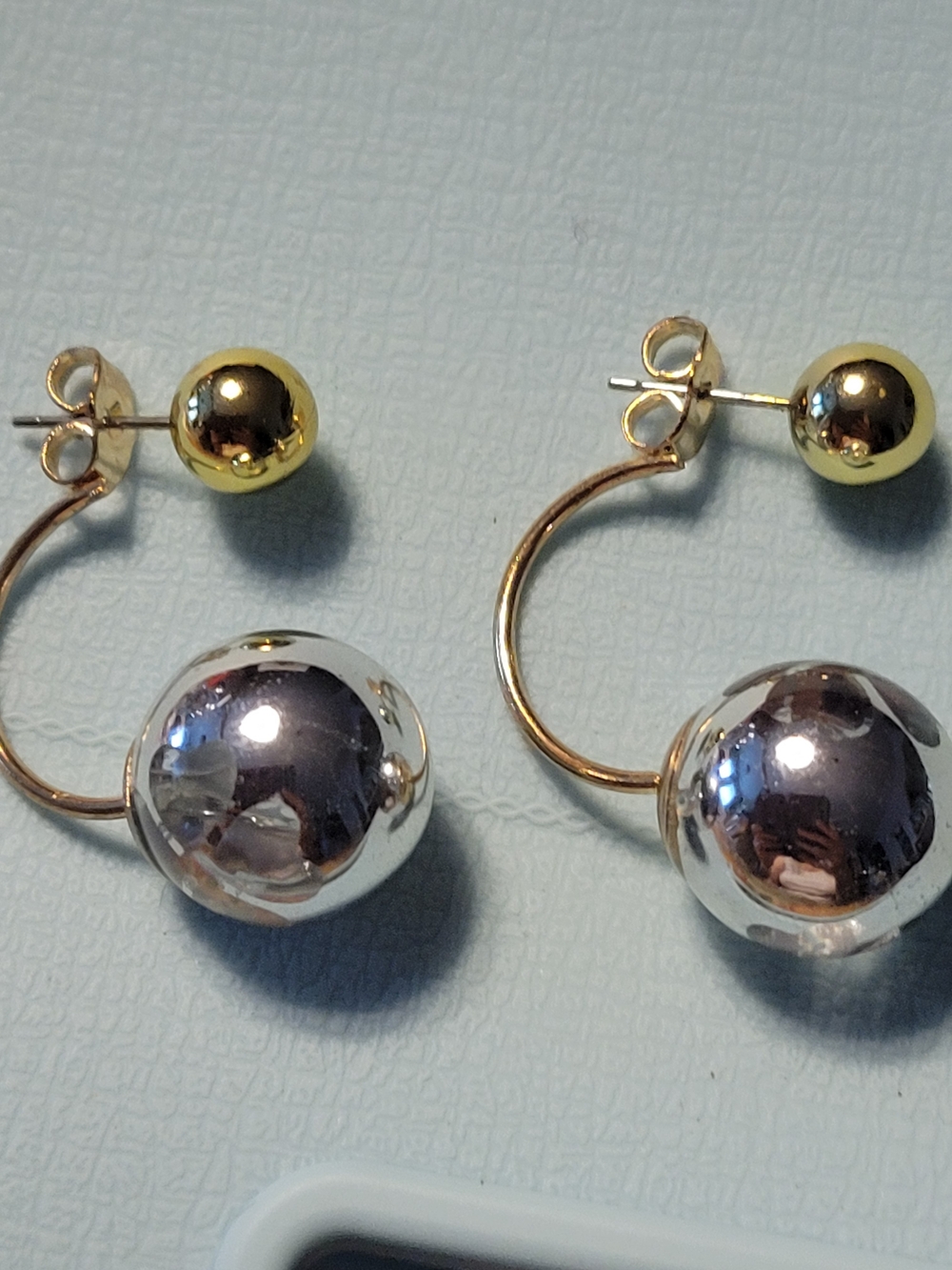 Gold and Silver Two-Tone Hoop Earrings with Mirror Spheres